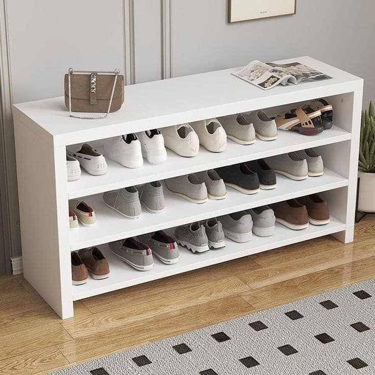Simplistic Unfixed Dustproof White Composite Wood Shoe Storage Bench with Exposed Storage and 3 Shelves, 39_L x 12_W x 20_H Shoe Storage